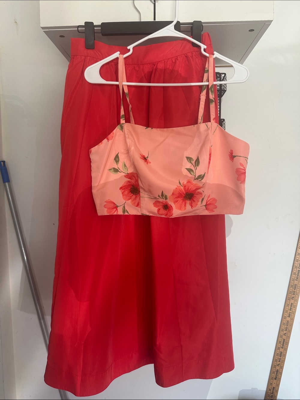 Old Navy Peach Floral Bandeau Crop Top with Red Skirt